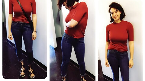 Red sweater, huge tits