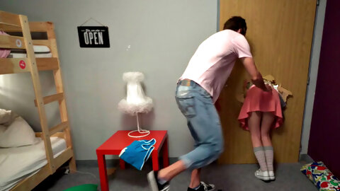 Petite 21yo hostel babe in 3some