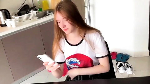 Skinny stepsis gets bored and works her stepbro's dick